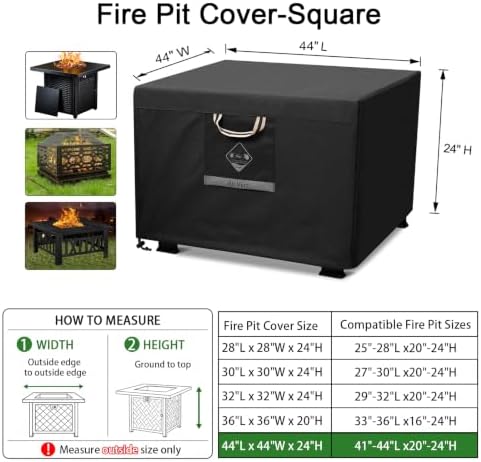 QH.HOME Fire Pit Cover Square 44", 600D Heavy Duty Fabric 100% Waterproof - Image 2