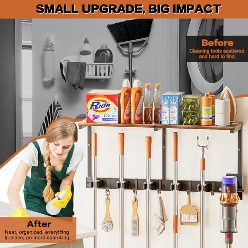 Broom Holder Wall Mount with Cleaning Supplies Organizer, Laundry Room - Image 4