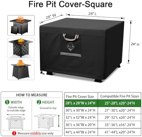 QH.HOME Fire Pit Cover Square 28", 600D Heavy Duty Fabric 100% Waterproof - Image 2