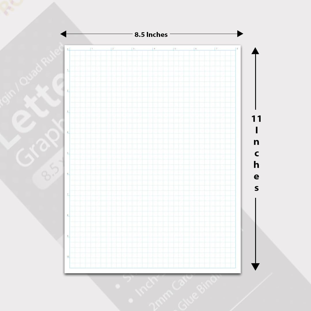 Letter 8.5"x11" Premium Graph Paper Pad, ¼” Quad-Ruled Grid, 21-Gram Thick Paper, Inch-scale, 50 Sheets/sketch Pad, Top Glue Binding. Sketching & Drafting. (3, white)