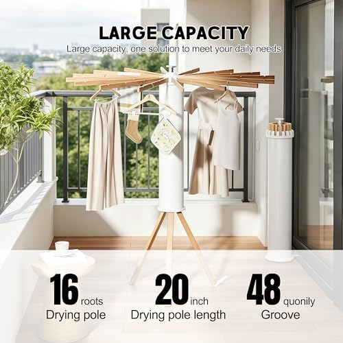 Clothes Drying Rack Foldable, Rotary Tripod Laundry Drying Rack, 16 Wooden Poles - Image 3