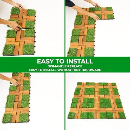 Interlocking Acacia Wood and Artificial Grass Deck Tiles 12"x12", 0.94" Thick - Image 6