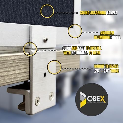 OBEX Acoustic Mounted Screen Privacy Panel Table Top Separator, Sound Blocking Desk Divider (Slate, 18" X 24")