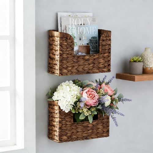 Set of 2 Magazine Holder Wall Basket Water Hyacinth Woven Mail Organizer - Image 3