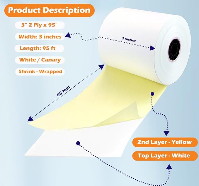 2 Ply Carbonless Rolls 3" X 95 Feet White/Yellow Receipt Paper POS Cash - Image 3