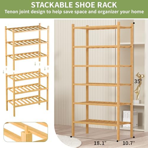 ROMGUAR CRAFT 6-Tier Bamboo Small Shoe Rack, Free Standing Wood Shoe Shelf - Image 3