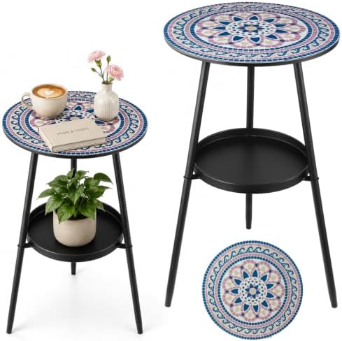 2-Tier Metal Outdoor Side Tables Set of Two 13.5" Round End Tables by Unknown