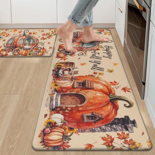Ileading Fall Kitchen Mats Anti Fatigue, Pumpkin Kitchen Rugs Sets of 2 by Ileading