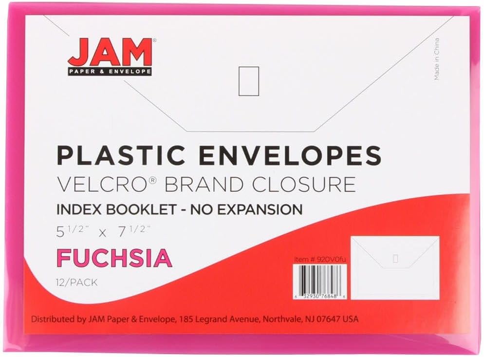 JAM PAPER Plastic Envelopes with Hook & Loop Closure - Index - 5 1/2 x 7 1/2 - Fuchsia Pink - 3/Pack