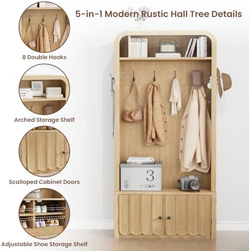Narrow Hall Tree with Bench and Shoe Storage, Arched Mudroom Bench with Storage - Image 3