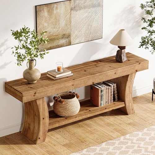 63" Solid Wood Console Table, 2-Tier Farmhouse Sofa Table - Image 4