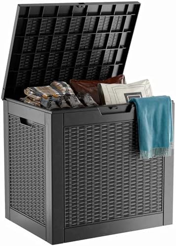 PatioZen 31 Gallon Wicker Pattern Resin Deck Box, Lockable Patio Outdoor by OutdoorLivingPerfected