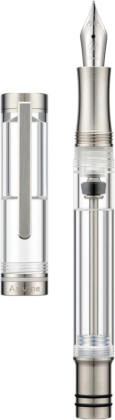 Asvine V200 Titanium Fountain Pen Vacuum Filling, Iridium Extra Fine Nib Clear Transparent Acrylic Smooth Writing Pen Case Set