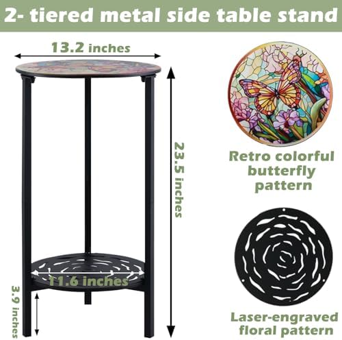 2-Tier Metal Round Side Table Black Accent Coffee Tables Small Space Corner - Image 3