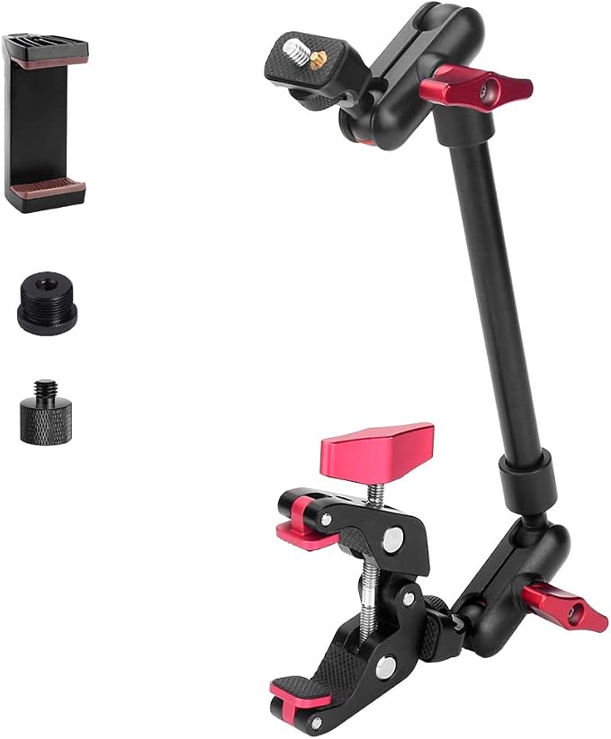 13"/34cm Magic Arm w Clamp, Camera Mount & Clamp w 1/4" 3/8" Threads and by JEBUTU
