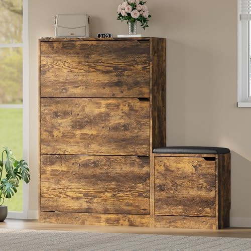 BORNOON Shoe Cabinet with Bench and 3 Flip Drawers, Slim Narrow Shoe Storage - Image 3