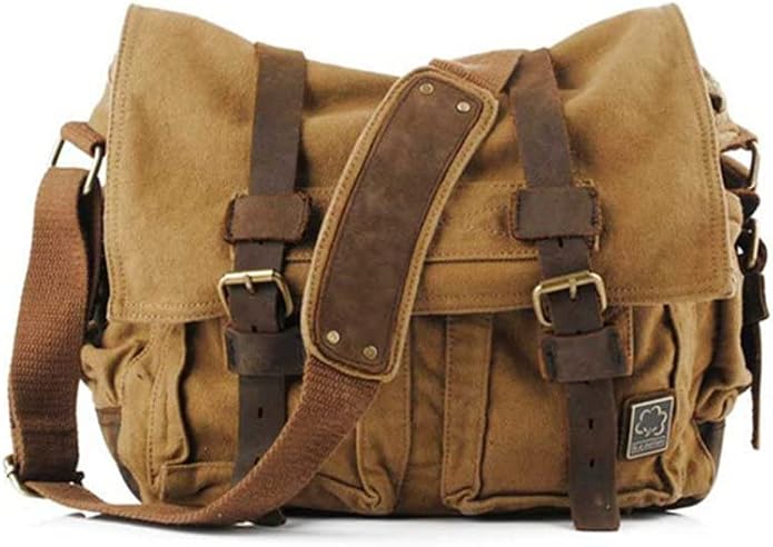 Sechunk Vintage Military Leather Canvas Laptop Bag Messenger Bags Medium by Sechunk