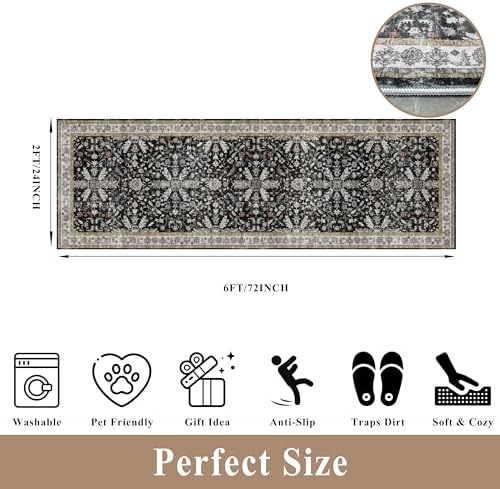 2x6 Washable Kitchen Runner Rug – Non-Slip Boho Vintage Carpet Runner - Image 2