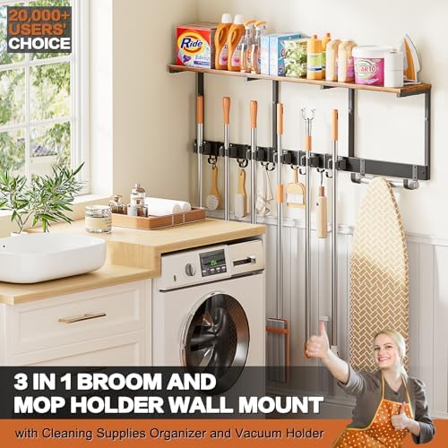 Broom Holder Wall Mount with Cleaning Supplies Organizer, Laundry Room - Image 2