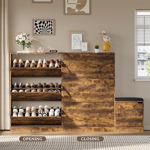 BORNOON Shoe Cabinet with Bench and 3 Flip Drawers, Slim Narrow Shoe Storage - Image 5