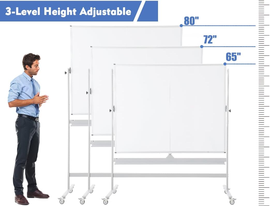 FORTUNO Large Magnetic Mobile Whiteboard 96"x48", Rolling Double Sided Stand Whiteboard on Wheels, Reversible Adjustable Height/Angle Dry Erase Board 8' x 4' Easel White Board for Office Classroom