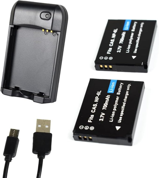 NP-6L Battery Charger + 2 pcs Rechargeable 3.7V 700mAh Batteries by Unknown