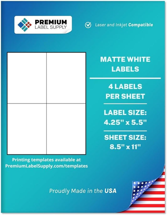 Premium Label Supply White Sticker Shipping Labels – 4.25" x 5.5" – Laser/Inkjet Compatible – (4 per Sheet), 100 Sheets – 400 Total Adhesive Labels