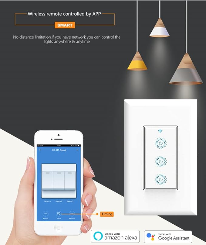 Nexete Smart Triple Light Switch, Remote Voice Control, Compatible - Image 3