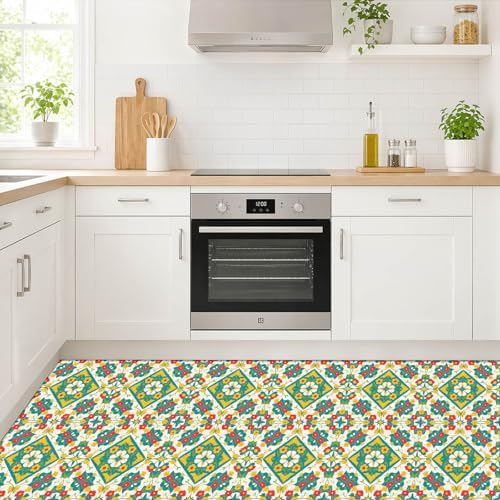 IVN Teal Yellow Floral Peel and Stick Floor Tiles 12x12 Inch 10PCS - Image 5