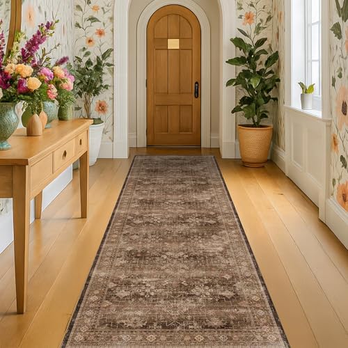 Brown Boho Washable 2x7 Runner Rugs by HazoHaus