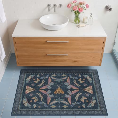 Dark Blue 2x3 Small Rugs for Bathroom Non Slip, Washable Vintage Boho Insect by HazoHaus