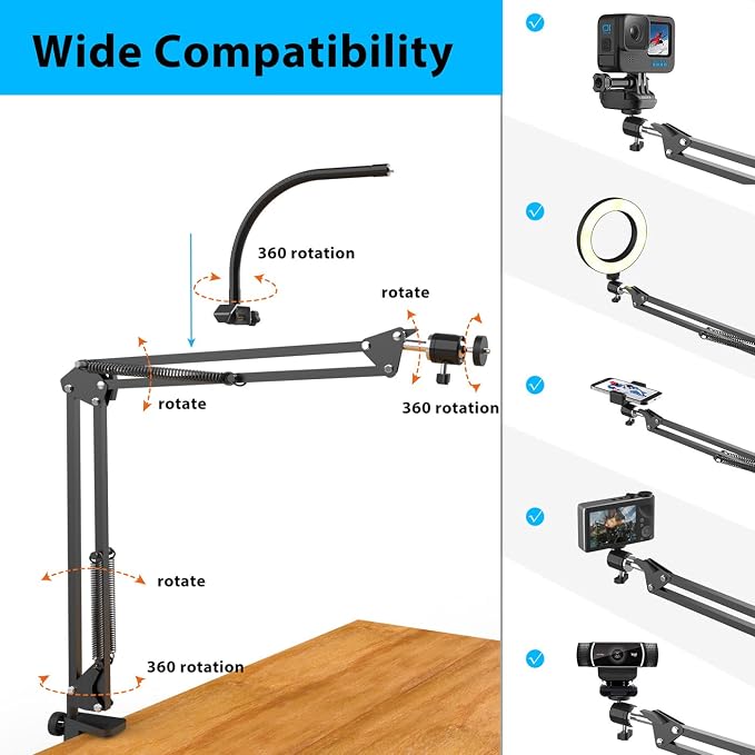 Overhead Camera Mount with Ring Light, Flexible Articulating Phone Arm Stand - Image 5