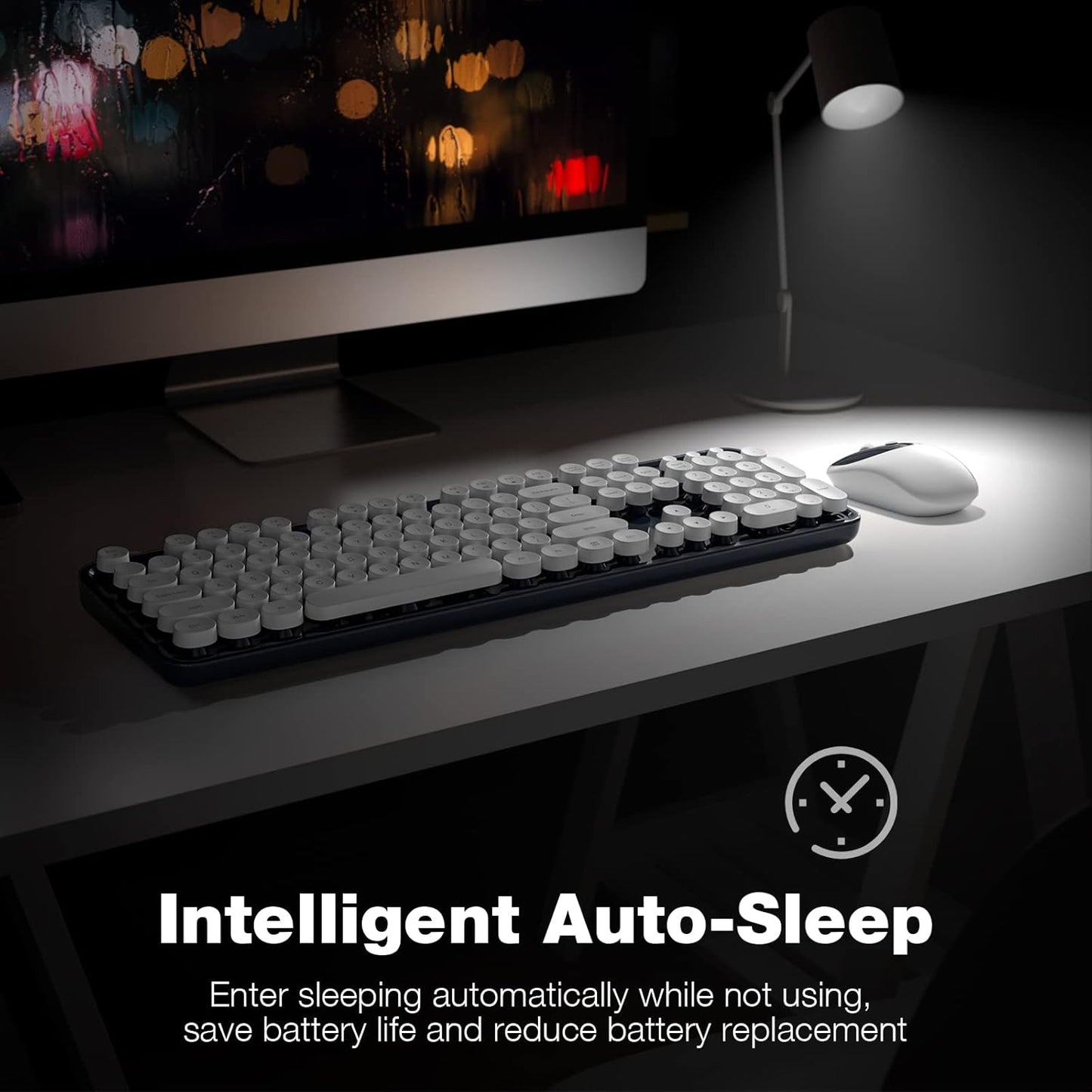 MOFII Wireless Keyboard and Mouse Combo, Computer Full Size 2.4G Plug and Play Wireless Typewriter Retro Round Keyboard and Mouse Set for Windows, Computer, Desktop, PC, Notebook - (Dark Blue)
