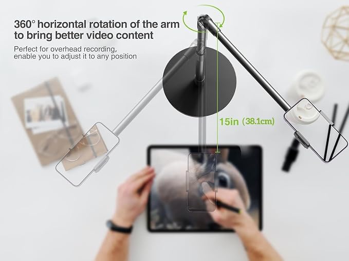 elitehood Heavy Duty Aluminum Overhead Phone Stand, 15 in Long Arm iPhone Holder - Image 5