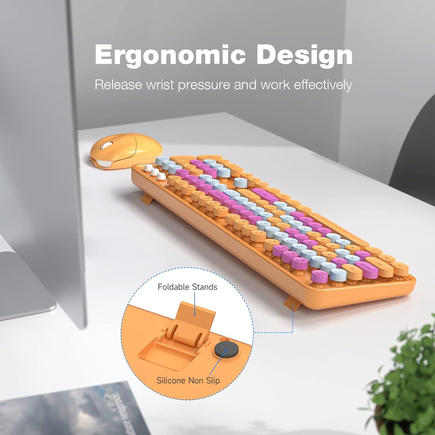 Wireless Keyboard and Mouse Combo, MOWUX Colorful Computer Full Size 2.4G Plug and Play Wireless Typewriter Keyboard and Mouse Set for Windows, Computer, Desktop, PC, Notebook (Orange Colorful)