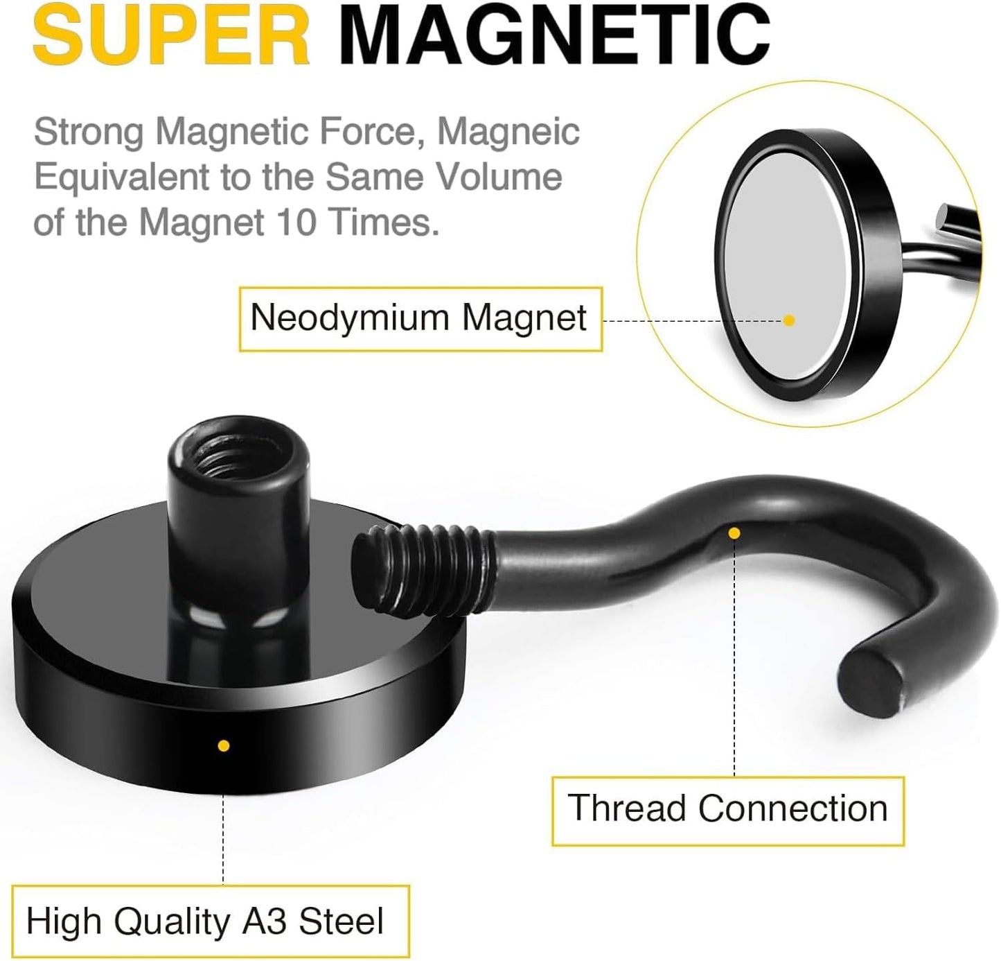 DIYMAG Black Magnetic Hooks, 80 LB Heavy Duty Strong Magnets with Hook, Rare Earth Neodymium Magnet for Cabins Cruise Ship Essentials 8 Packs