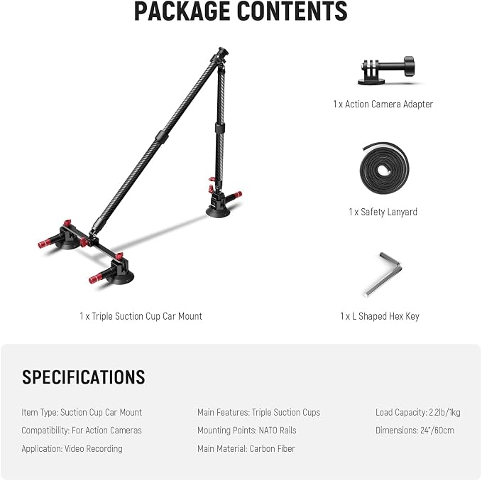 NEEWER Triple Suction Cup Car Mount Kit, Carbon Fiber Camera Mount - Image 8