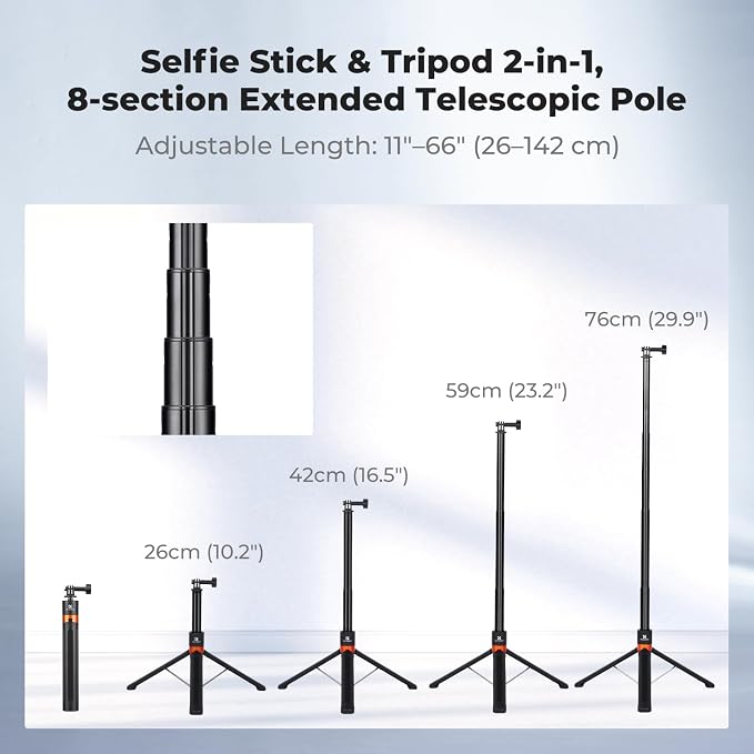 K&F CONCEPT 142cm/55.9" Telescopic Selfie Stick Tripod - Image 2