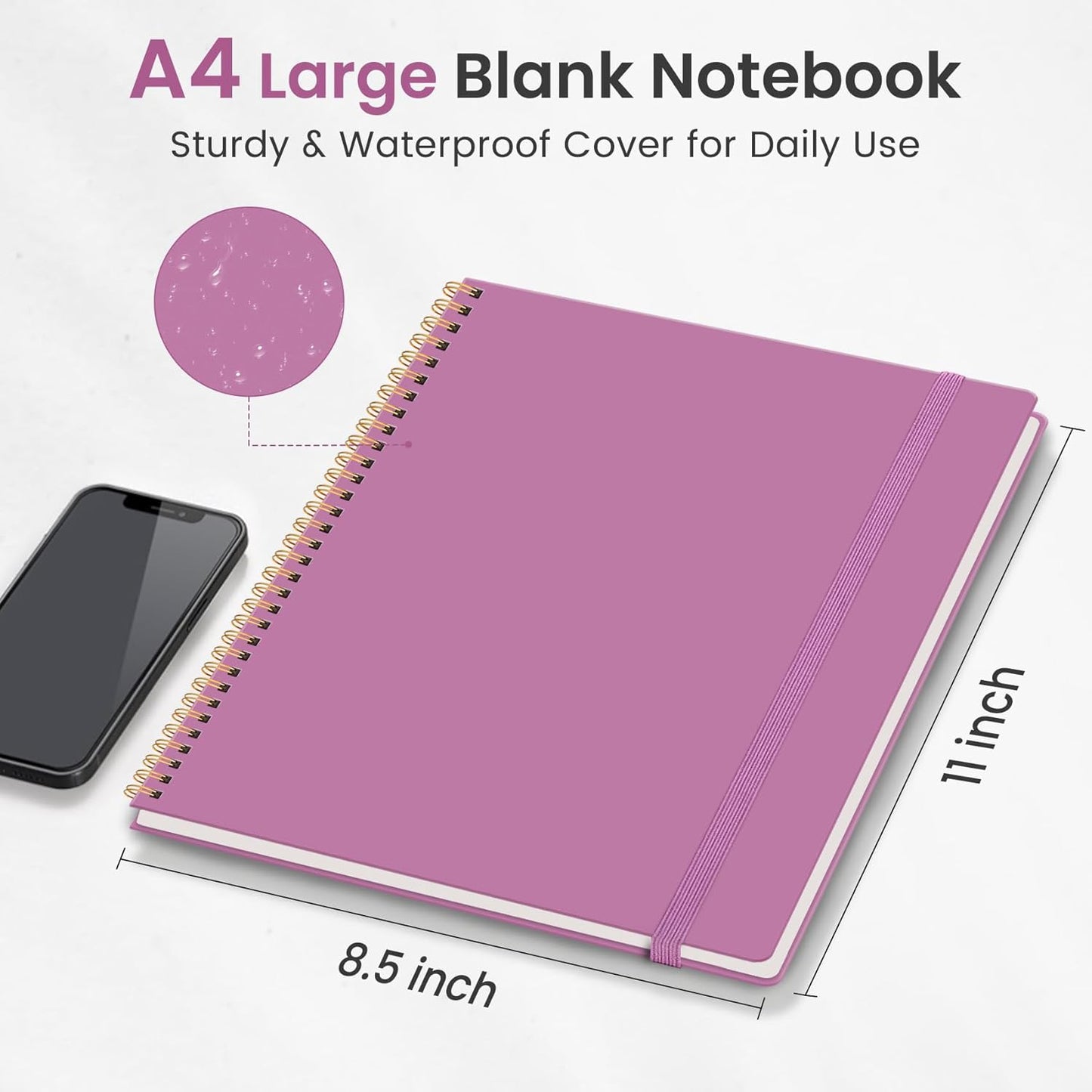 Taja Spiral Blank Notebook, 8.5"x11" Notebooks for Work, Large A4 Journal for Women & Men, Sketch Journal, Journaling Notebook for Writing, Plastic Cover Spiral Journal, Purple