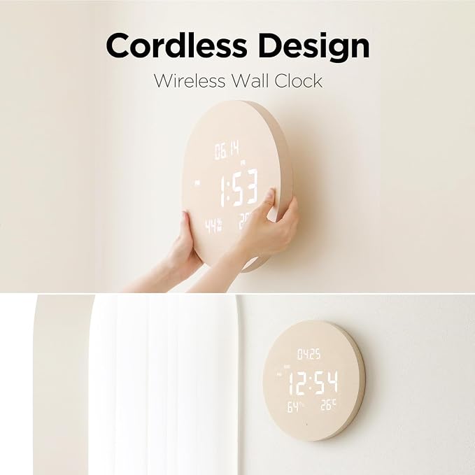 mooas Wood Moon Cordless Digital LED Wall Clock, Time Week Temperature & - Image 3
