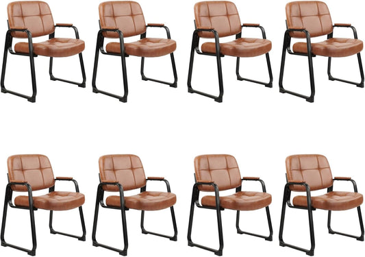 CLATINA Big & Tall 500 lbs Waiting Room Chairs with Padded Armrests and Sled Base, Leather Stationary No Wheels Office Guest Chair for Reception Lobby Home and Meeting Conference, Brown (8 Pack)