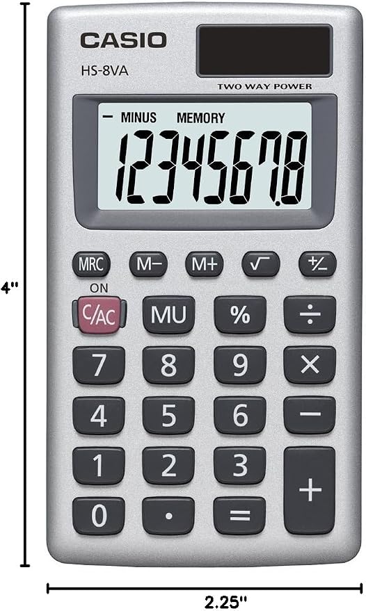Casio HS-8VA Mini 6-Function Calculator | Large 8-Digit LCD Display | Solar - Image 4