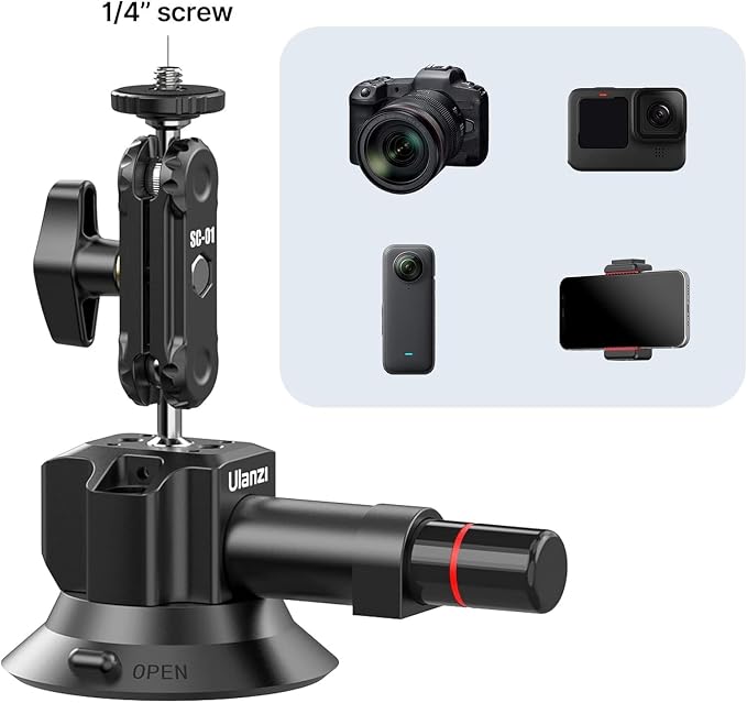 UURig SC-01 Suction Mount 3" for Vlogging Action Camera Car w Smartphone Clamp - Image 5