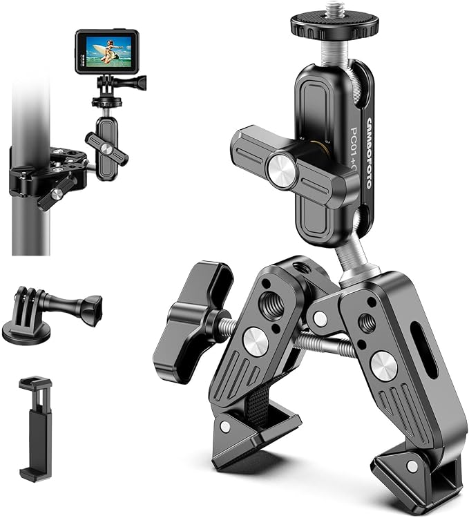 Super Clamp Camera Mount, 360° Dual Ballhead Magic Arm, 1/4"-20 & 3/8"-16 by CAMBOFOTO