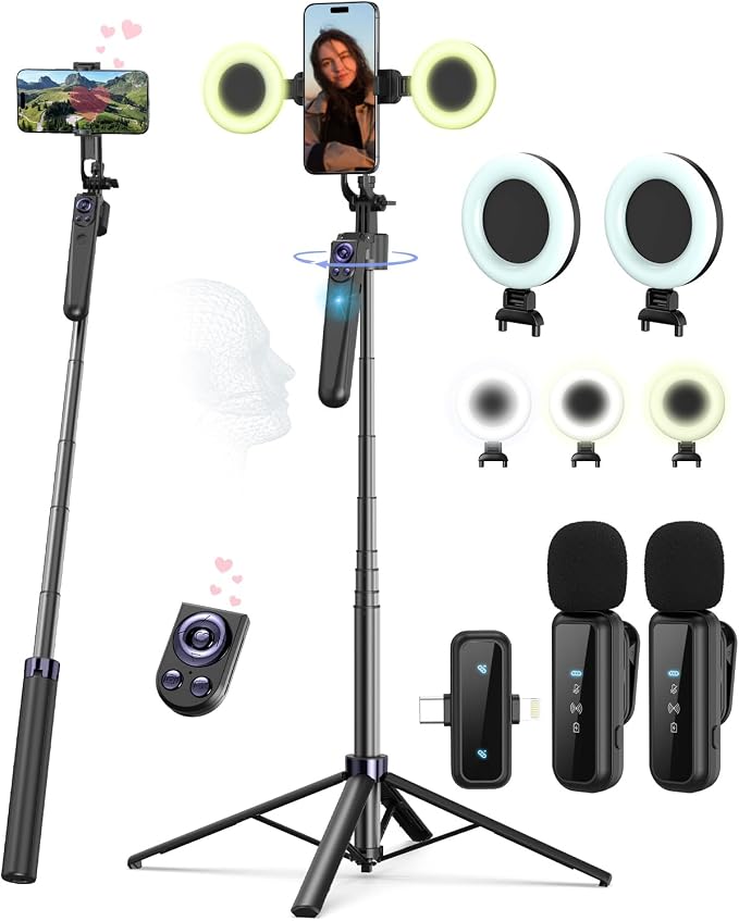 Vlogging Kit for iPhone/Android, 63”Auto Face Tracking Tripod for iPhone by YEAKI