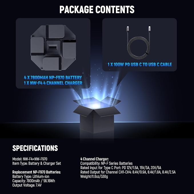 NEEWER NP-F970 4Pcs 7800mAh Replacement Batteries &100W PD 4 Channel OLED Fast - Image 9