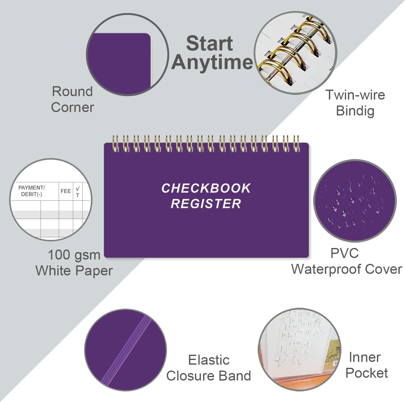 Check Registers for Personal Checkbook - A6 Blank Ledger Transaction Registers for Personal, Check Register Book for Checking and Saving Account, Deposit and Credit Card, 3,75" x 6.75", Purple