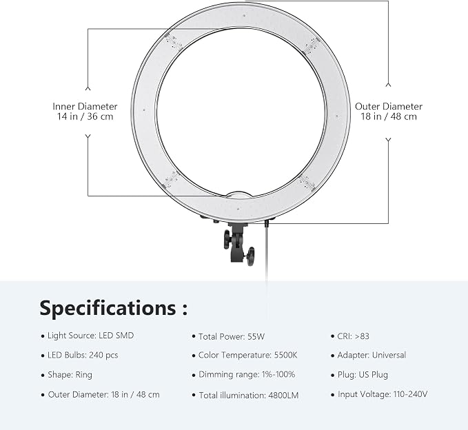 Neewer 18-Inch Ring Light, 55W Dimmable 5500K Light - Image 2