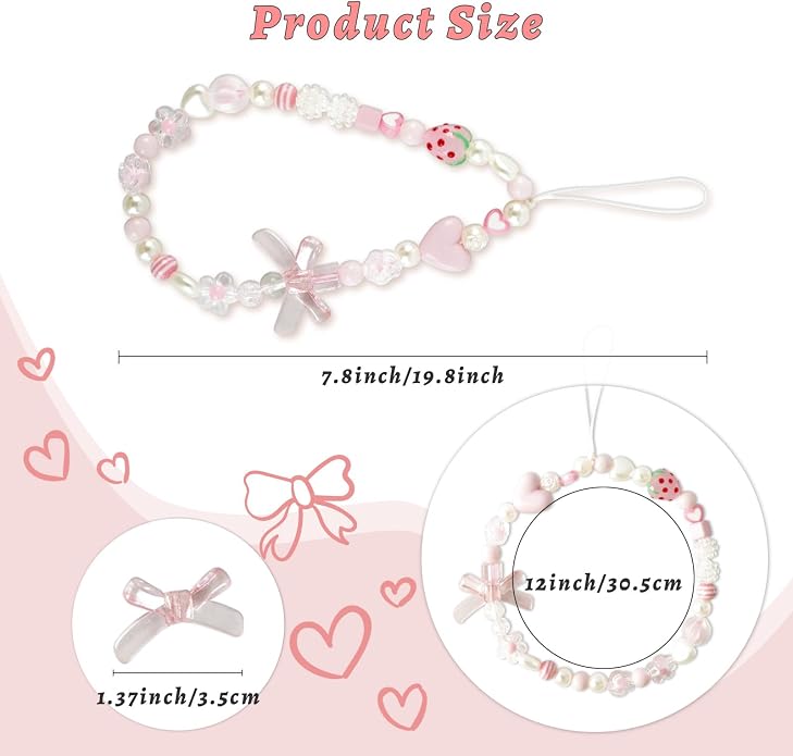 Pink Beaded Phone Wrist Straps, Y2K Phone Case Charms Camera Charm Strap - Image 5