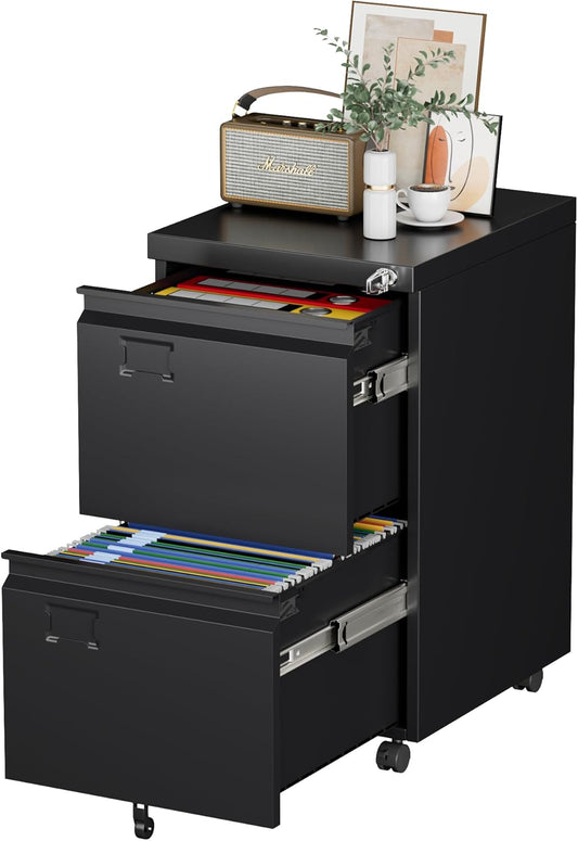 Aobabo Metal 2 Drawer Office File Cabinet with Lock, Under Desk Office Steel Files Cabinet on Wheels, 25.6''H Legal/Letter A4 Size, Assembly Required, Black